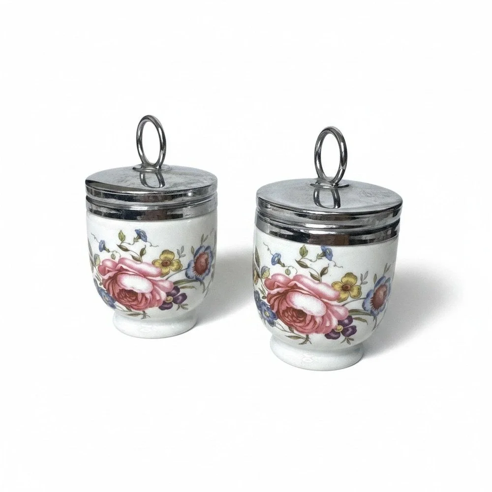 VTG Royal Worcester Egg Coddlers Set 2 White Floral Pink Rose England